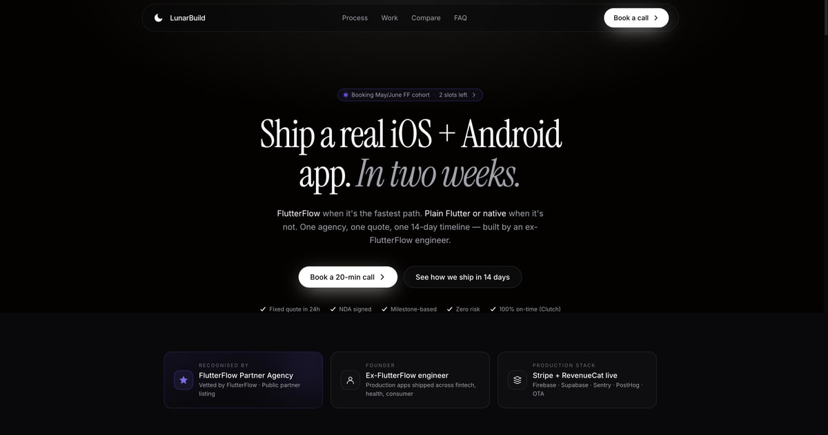 LunarBuild — FlutterFlow Partner Agency. Launch a Flutter app in 2 weeks.